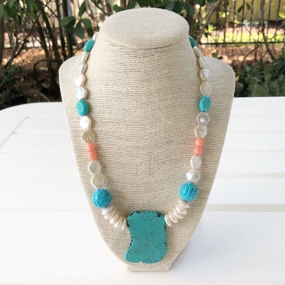 NWT Genuine Turquoise, Pearl, Pink Coral Beaded Necklace